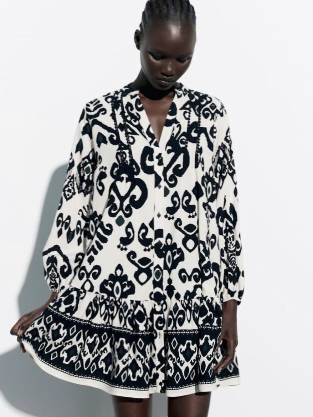 Zara Black and Cream Printed Tunic Mini Dress XXL